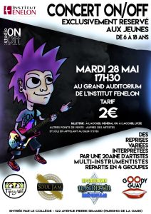 Affiche du concert à l'institut Fenelon avec les jeunes du Studio ONOFF à Mougnis