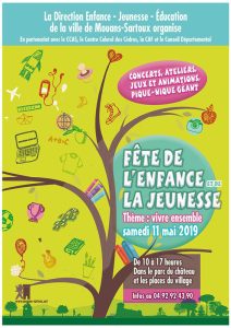 Affiche de la fête de l'enfance et de la jeunesse à Mouans Sartoux avec un concert des groupes du Studio ONOFF de Mougins